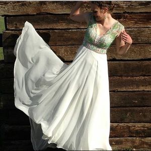 Sherri Hill long white dress with a beaded bodice